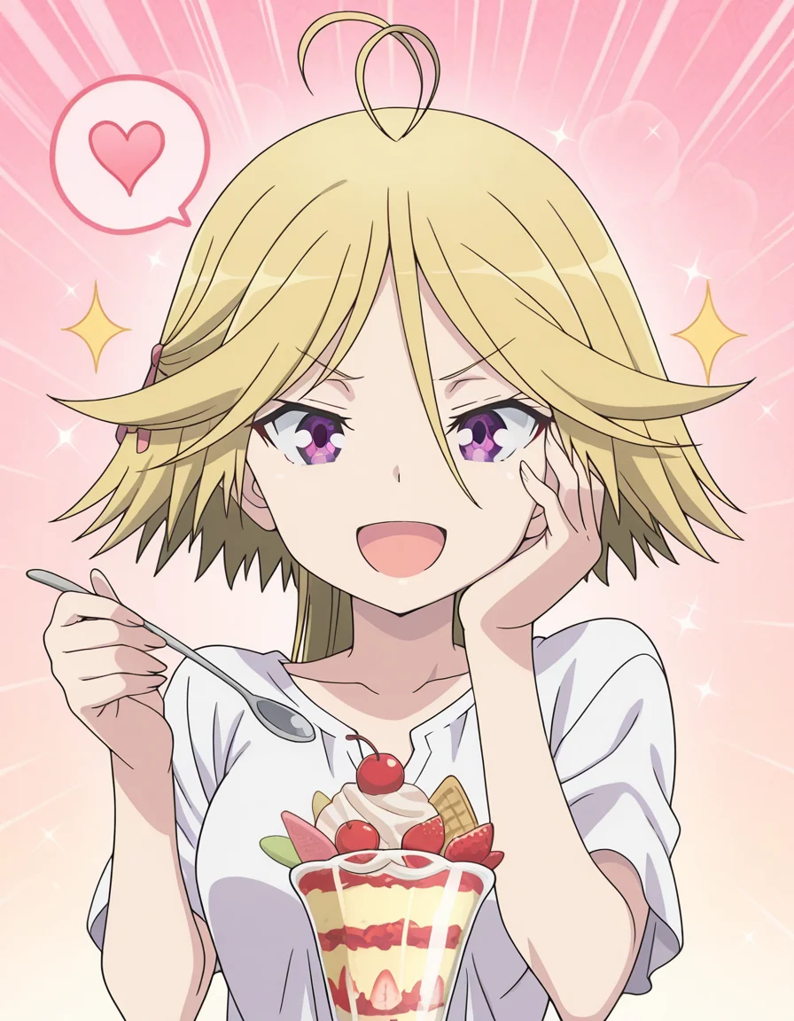 masterpiece, best quality, amazing quality,, <lora:mira-yamana-s1-illustriousxl-lora-nochekaiser:1>, mira yamana, short hair, blonde hair, purple eyes, ahoge, antenna hair, mature female, small breasts, anime screencap, <lora:parfait-illustriousxl-lora-nochekaiser:1>, parfait, open mouth, heart, food, sparkle, fruit, happy, hand on own face, spoken heart, ice cream, strawberry, spoon, hand on own cheek, cherry, holding spoon, , ,
