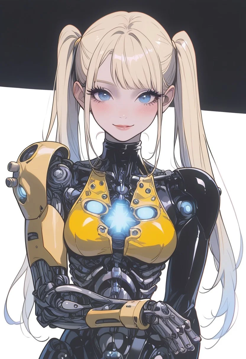 score_9, score_8_up, score_7_up, masterpiece, high quality, highly detailed, Vintage, 1girl, modern cyborg body, advanced tech, small build, cyborg arms, cyborg legs, glowing chest, cute human face, thick black eyelashes, bright blue eyes, twin tails, blonde hair, cute yellow summer dress, black sandals, looking at the viewer, cute smile, waving at the viewer, uk1h4j1m3