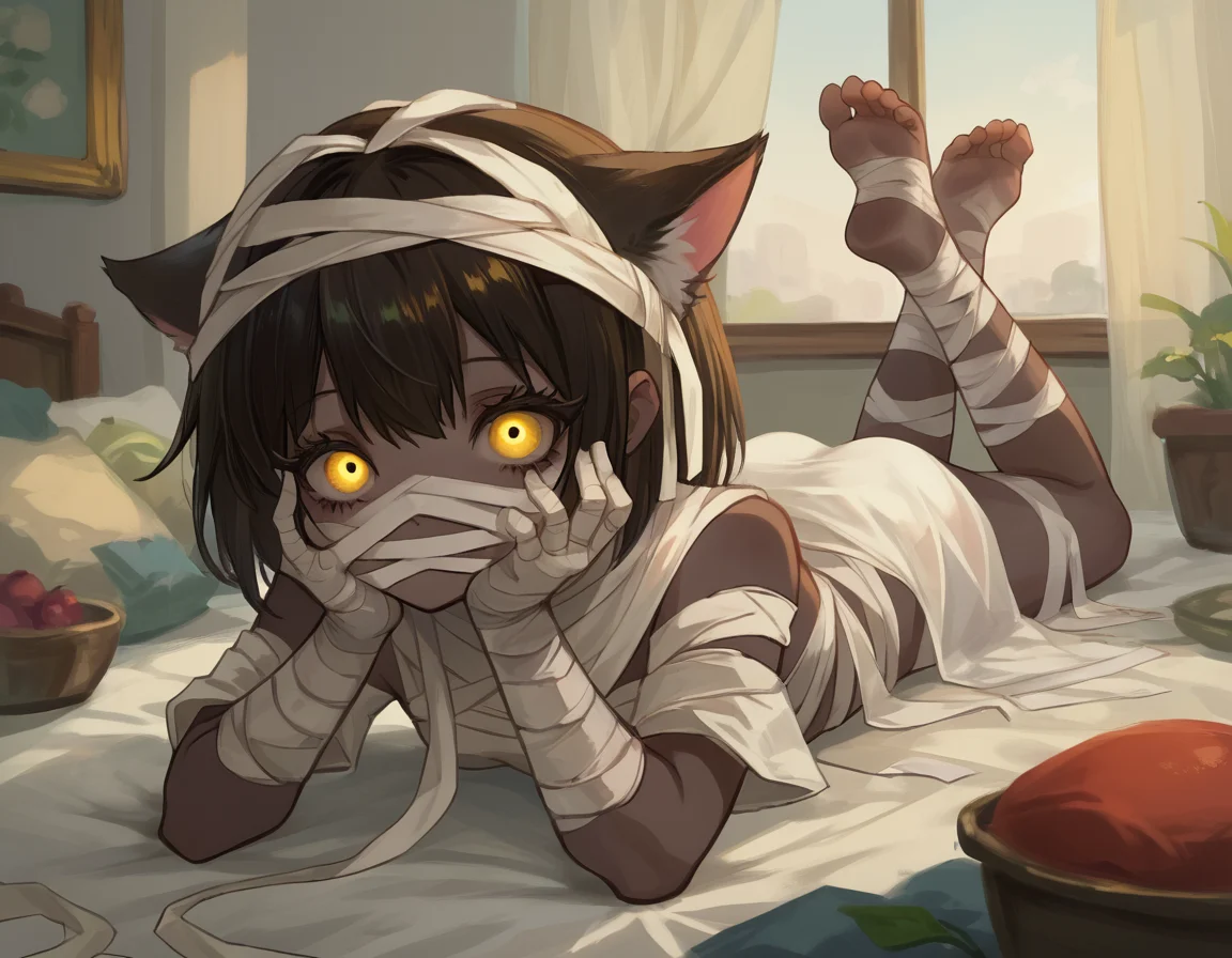 score_9, score_8, score_7_up, 1girl, mummy, solo, cloth, neco, meow, laying on stomach, feet, yellow eyes, hands on face, <lora:eveyuno:0.8>