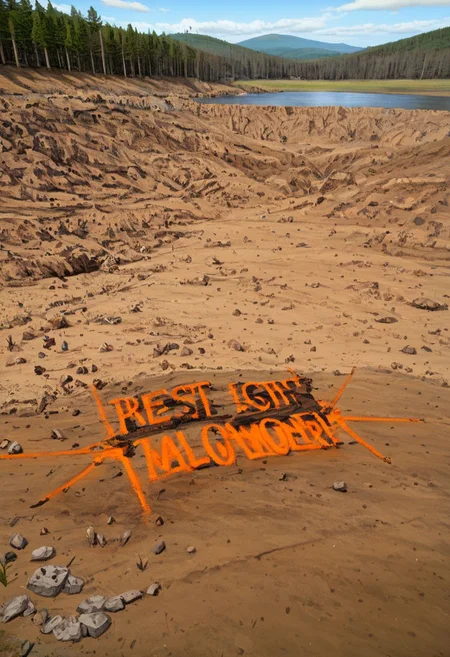 picturesque lake surrounded by a forest but is in a polluted dystopian landscape, in the foreground there is lake sign with the text" Croeso y llyn gellynoth. Oes yn y cont Iwan dewch"text:" <lora:text:.8>, human fecal matter on floor, wasteland, <lora:falloutlandsdxl:0.8>,  falloutlandsdxl, landscape, best quality, masterpiece, ruined city, nuclear explosion, mushroom cloud