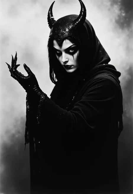 Black and white image, witch conjuring demon, mythp0rt, ArsMovieStill, 20s Silent Movie Still