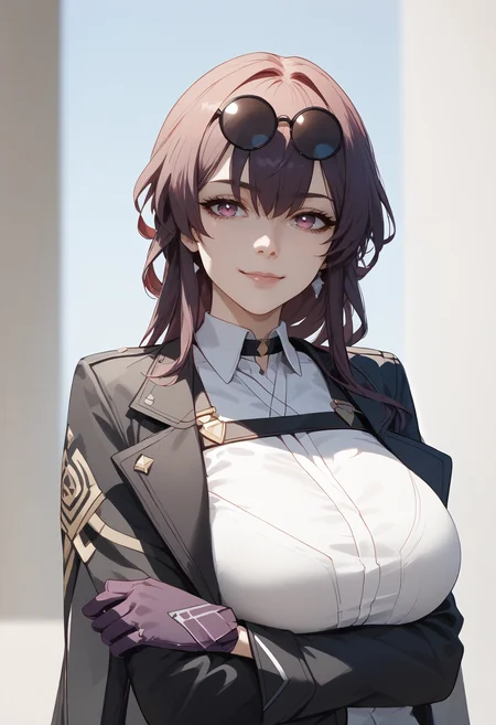 score_9,score_8_up,score_7_up,score_6_up <lora:kafka xl v1:1> kafka hsr, 1girl, solo, gloves, eyewear on head, breasts, sunglasses, looking at viewer, smile, bangs, closed mouth, upper body, shirt, long sleeves, jacket, purple gloves, white shirt, large breasts, long hair, black jacket, choker,smile, crossed arms,