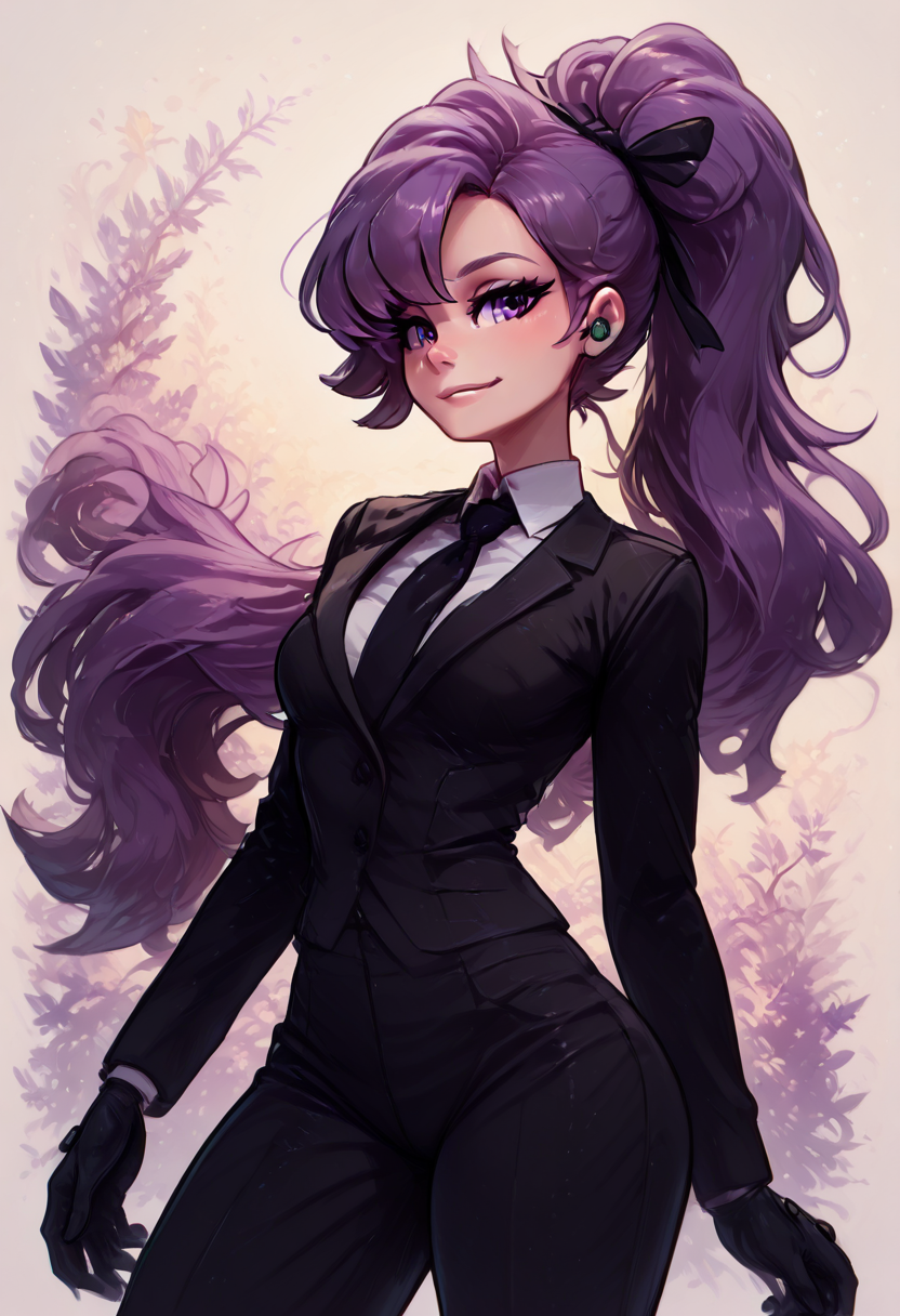 (masterpiece, best quality, good quality, very aesthetic, absurdres, newest:1.2),  zzAnabel, purple hair, purple eyes, long hair, ponytail, ribbon, hair ribbon, bangs, black ribbon, black suit, formal, black tie, black gloves,  , <lora:AnabelPokemon_IXL_v2:1.0>,, smile, looking at viewer, cowboy shot, side view, wide hips,  ,skindentation ,<lora:ElfFio_NAI_v2:1.0>,