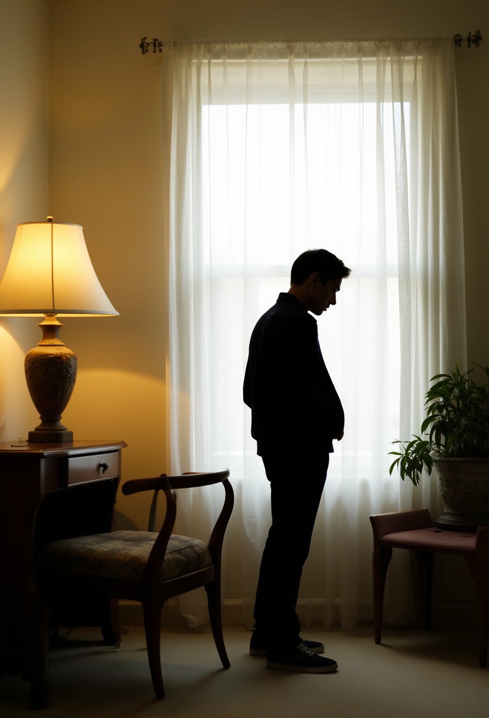 S4DC1NE. This photograph captures a solitary male figure standing in the center of a dimly lit room, facing a large window with sheer white curtains that let in a soft, diffused light. The man is positioned slightly off-center to the right, his silhouette clearly outlined against the window, suggesting a dark complexion. He is dressed in a dark jacket and pants, with his hands in his pockets, and wearing dark sneakers.
To the left of the window is a wooden table with a vintage lamp emitting a warm, golden light, casting a soft glow on the room. The lamp has a decorative ceramic base and a white lampshade. Next to the table is an ornate, cushioned chair with a patterned fabric and wooden armrests. To the right of the window, there is a small wooden side table with a green potted plant, adding a touch of nature to the otherwise minimalist room. The walls are painted a light cream color, and the floor appears to be carpeted in a neutral tone.
The overall mood of the image is contemplative and introspective, enhanced by the contrast between the bright window and the dimly lit room. The photograph's composition and lighting create a serene, almost ethereal atmosphere. 