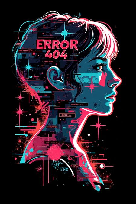(((Double exposure silhouette))). (((in graffiti style))). Pixel linear "ERROR 404". Ready design for printing on a T-shirt. On a black background