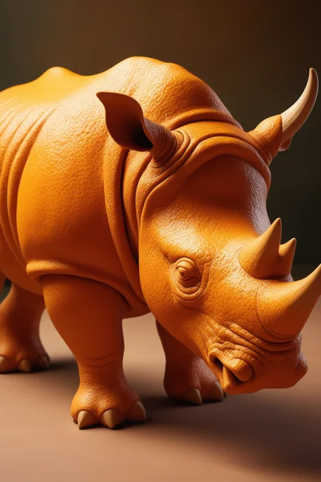 high quality,masterpiece,ultra-high resolution,incredible composition,extremely detailed, <lora:Orange_Peel:0.7>, A massive rhinoceros crafted from orange peel, its armored skin formed by thick, bumpy citrus texture. Horns gleam with peelâs sheen. High-resolution close-up, showcasing rugged details. Background: earthy terracotta surface, warm light, citrus chunks, and rosemary for a robust food photography aesthetic.