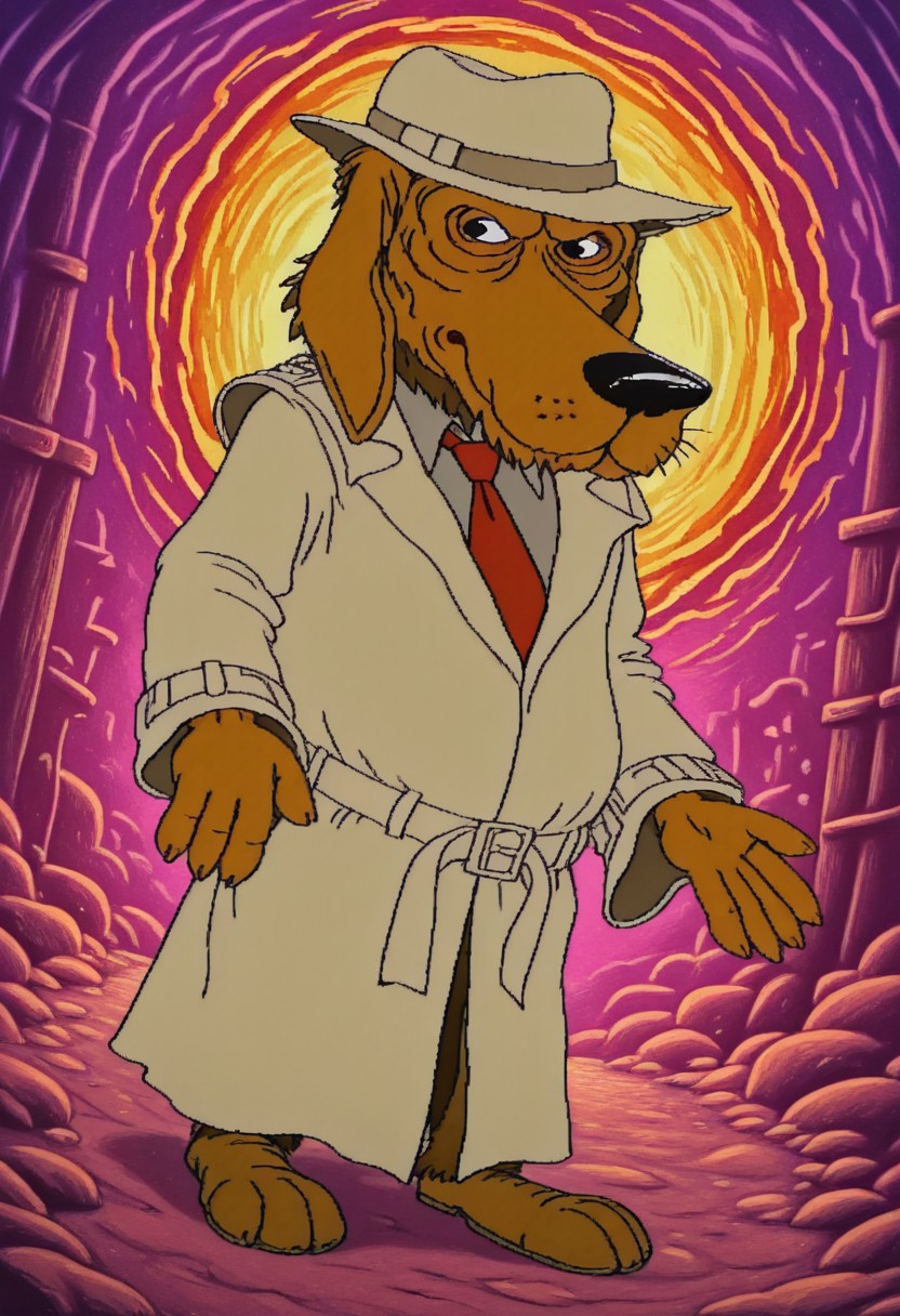 cdistyle, dutch angle, dynamic angle, abstract background, BREAK
solo, male, ncpc_mcg, canine, bloodhound, brown body, long ears, black eyes, fedora, necktie, trenchcoat, BREAK