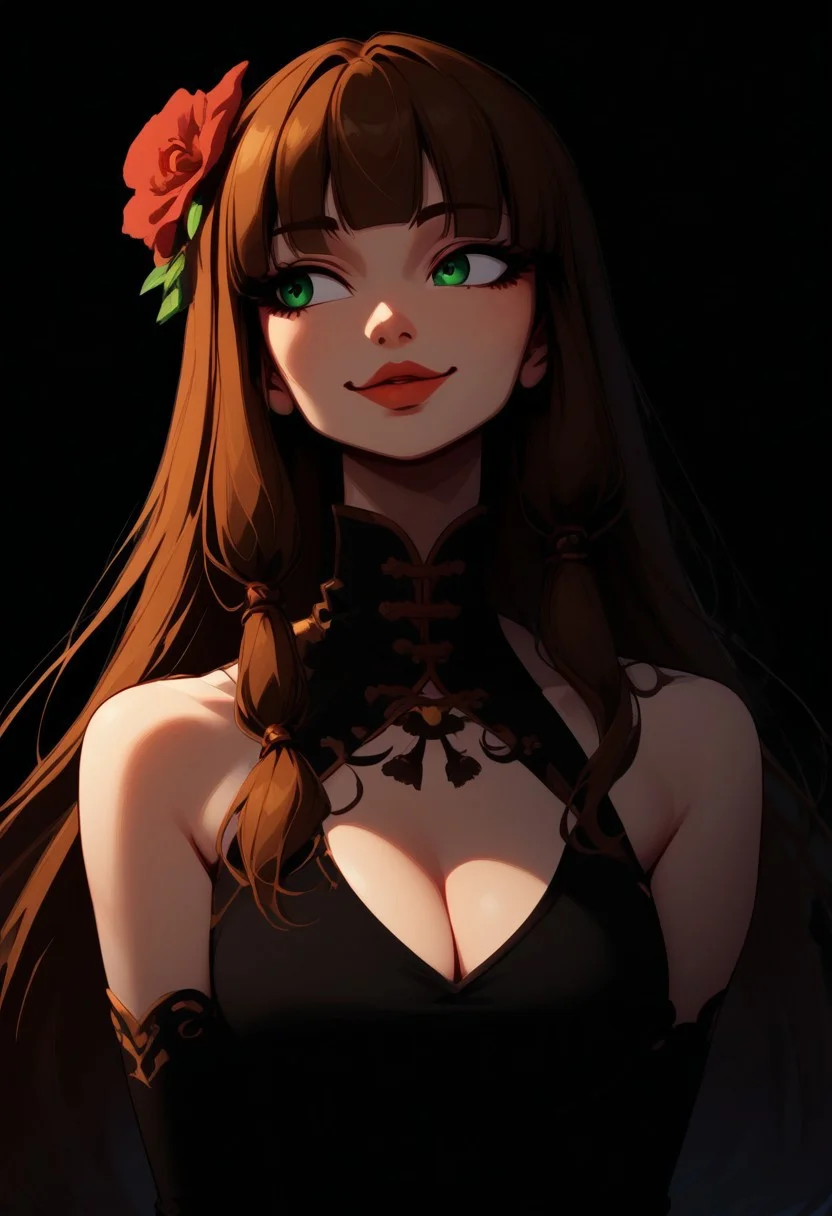 (Blend_in, black background), score_9, score_8_up, score_7_up, masterpiece, (high contrast, sidelightning, straight-on, upper body), mature, stunning, eye_focus, 1girl, solo, imtdlilaross, long hair, low-tied long hair, green eyes, blunt bangs, brown hair, rose (flower) hair ornament, hair tubes, matte red lips, black china dress, halter neck, cleavage cutout, bare shoulders, black elbow gloves, (black clothes:1.5), smile, looking to the side