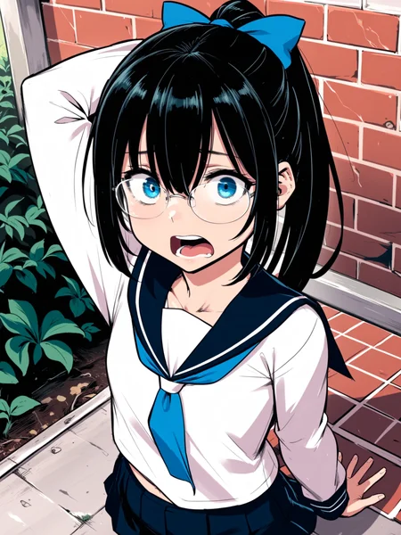 <lora:happy_tentacle-halloweengirl-v0.1-000045:0.9>, ht_halloweengirl, flat chest, blue eyes, school uniform, sailor collar, long sleeves, neckerchief, pleated skirt, serafuku, ponytail, hair bow, glasses , outdoors, 1girl, solo, upper body , , (scared :1.2), , looking at viewer , , from above , score_9, score_8_up, score_7_up, score_6_up, score_5_up, score_4_up