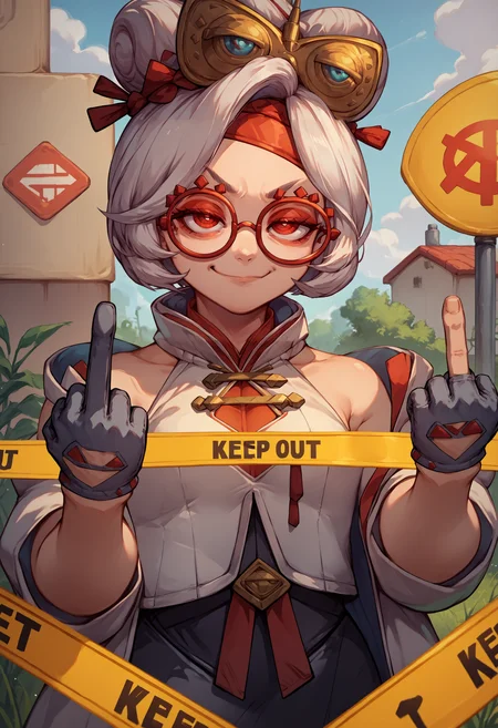 score_9, score_8_up, score_7_up, source_anime, 1girl,  <lora:KeepOut_XLPD:1.2>, keep out, caution tape,  <lora:purah-pdxl-nvwls-v1:1>, purah, hair ornament, red headband, red glasses, sleeveless shirt, white coat, black skirt, gloves, middle finger, smirk, outdoors, upper body, closed mouth,
