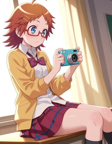 masterpiece,best quality,amazing quality, very aesthetic, 1girl, very awa, absurdres, highres, newest,
<lora:Akemi_Mikan:1>AkemiMikan, 1girl, solo, blush, short hair, blue eyes, shirt, skirt, brown hair, long sleeves, hair ornament, holding, bow, closed mouth, sitting, jacket, school uniform, white shirt, ahoge, red hair, pleated skirt, open clothes, collared shirt, socks, glasses, day, indoors, hairclip, bowtie, miniskirt, striped clothes, open jacket, plaid, kneehighs, window, dress shirt, red skirt, watermark, plaid skirt, black socks, sunlight, cardigan, blazer, curtains, wing collar, semi-rimless eyewear, desk, sleeves rolled up, red-framed eyewear, under-rim eyewear, striped bow, classroom, school desk, striped bowtie, holding camera, on desk, school, sitting on desk, loose bowtie