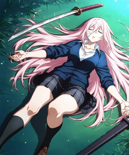 score_9, score_8_up, score_7_up, commission, dynamic view, dynamic angle, dynamic pose, dynamic lighting, good_hands, rating_safe, vein, 
bamboo forest, solo,
extended arms, lying on ground, on back, ((katana)) on side, (unconscious, closed eyes), legs,
[wide shot, high angle shot|close-up], (full body | upper body)
<lora:takezou_pony:0.9> shinmen takezou, ((long hair, pink hair, bandage on face)), hair between eyes, pink eyes, fit body, dark blue cardigan, white shirt, sleeves rolled up, grep skirt, short skirt, kneehighs, black socks, pleaded skirt,
expressive, expressiveh <lora:Expressive_H-000001:0.8>,
32k, (Masterpiece:1.0),(High Detailed Skin:1.0),( High Quality:1.0), (Official Art, Beautiful and Aesthetic:1.2), (Realistic Lighting:1.0), high detailed, high quality, masterpiece, no text, quality highlights, 8k detail, detailed background, ultra-detailed, beautiful eyes, (ultra detailed face), 
<lora:StS_PonyXL_Detail_Slider_v1.4_iteration_3:2>, <lora:Detailed anime style - SDXL_pony:0.25>, Details extra++ <lora:Add_more_details_pony:0.4>,