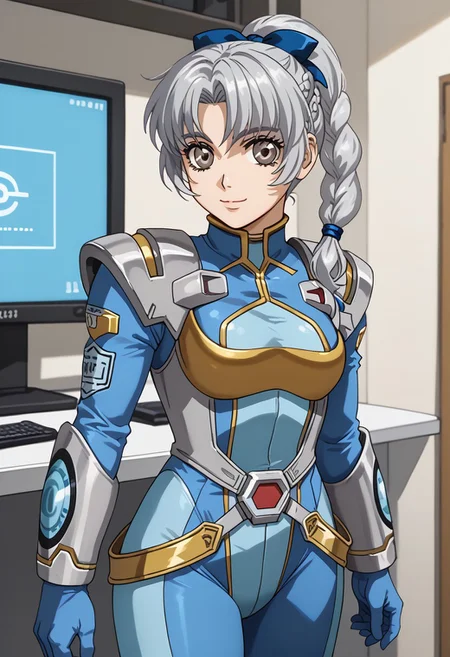 score_9, score_8_up, score_7_up, 1girl, solo, grey hair, grey eyes, braided ponytail, srwbluepilotsuit, blue bodysuit, pauldrons, wrist guards, metal belt, grey armor, helmet removed, no headwear, looking at viewer, slight smile, cowboy shot, indoors, metal wall, metal walls, monitor,