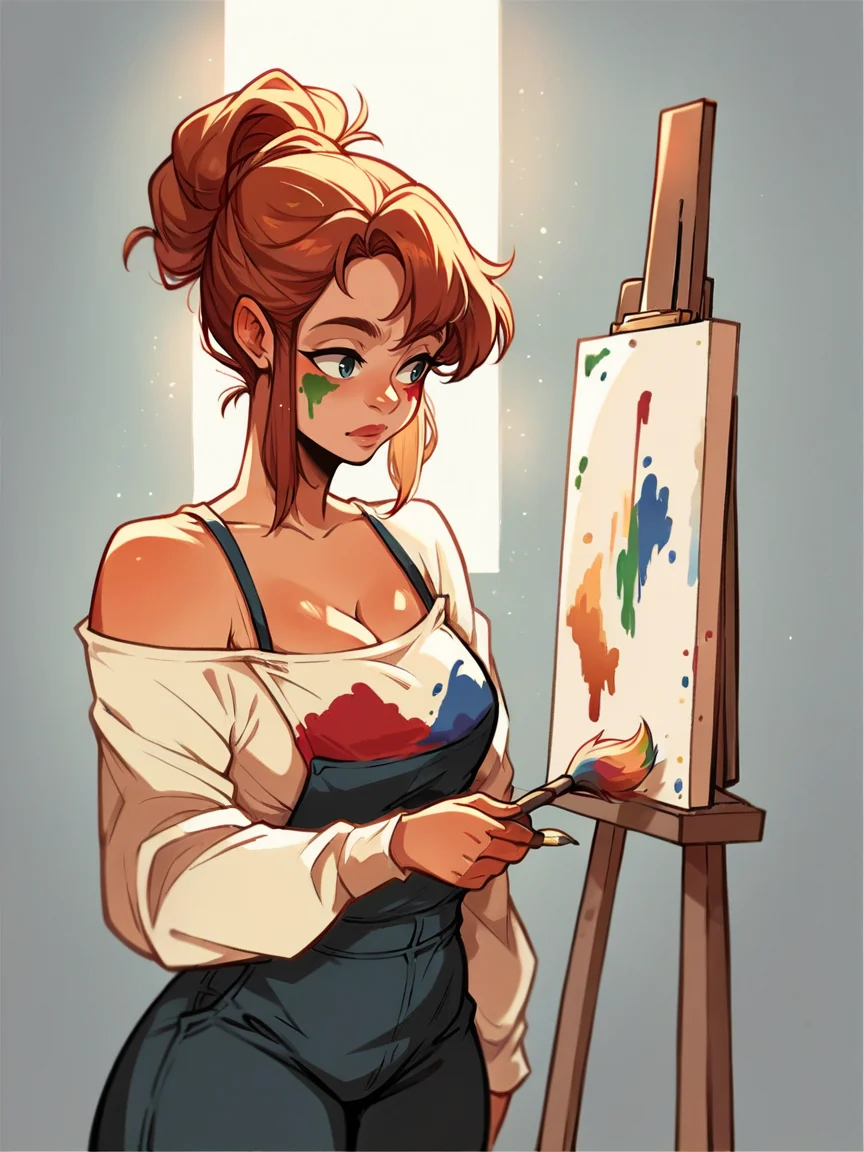 score_9, score_8_up, score_7_up, score_6_up, score_5_up, score_4_up, <lora:l414XLP3:0.8> l414, 1girl, canvas, covered in paint, colorful, holding paint brush, rainbow, curvy,