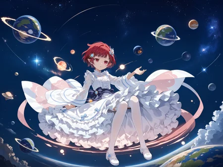 score_max, (score_9, score_8_up, score_7_up:1.2), score_6_up, official art, source_anime,
, masterpiece, absurdres, high detail, 8k,
space, starry sky, milky way, saturn \(planet\),  time lapse,
floating, sitting on planet, expressionless, parted lips,
jigita, red hair, short hair, pointy ears, hair ornament, white dress, frilled dress, long sleeves, bow, frills, wide sleeves, layered skirt, white thighhighs, shawl, hagoromo, see-through
<lora:XL_Pony_gomaotsu-digitalis-t1:0.9>