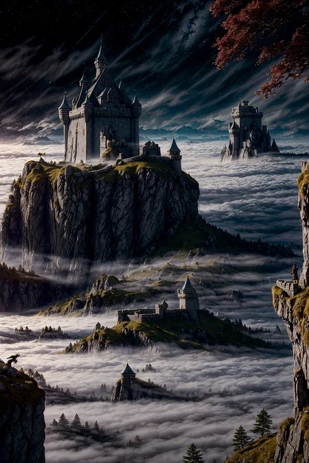 (photorealism:1.5), (realistic:1.5)
enchanted fortress, above the clouds, dragon emerging from the mist, mystical atmosphere, detailed stone walls, high detail, ultra high-resolution, photorealistic, dramatic shadows, glowing light, fantasy landscape, detailed clouds, beautiful, masterpiece
<lora:add_detail:1>