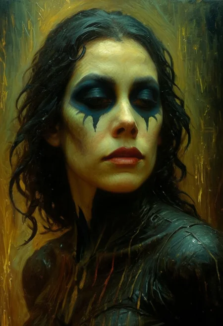 (((closeup painting))) of a female, crouched in an alley, harlequin makeup, tear streaked face, makeup running, brush strokes, impressionistic, (((dream the crow black dream))), horrifically captivating beauty, enticing the viewer closer, painted in style of clive barker, inspired with hellraiser like design, dark shot, shadows, dim light , dark light, red and black theme, cold city street, pouring rain, despair, revenge
BREAK
Dutch angle, unique perspective, dramatic lighting