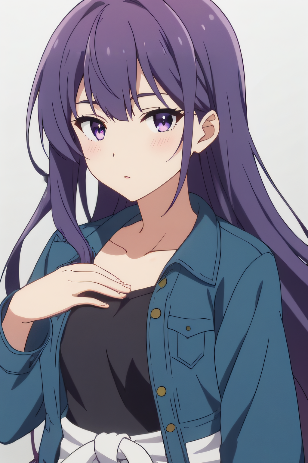 score_9, score_8_up, score_7_up, source_anime, rating_safe, intricate details, anime screencap, official style, 1girl, <lora:Shibasaki_Kazuha:1>, kazuha, long hair purple hair, purple eyes, collarbone, black dress, blue jacket, long sleeves, white knot, white knot around waist, expressionless, upper body, blush, looking at viewer, parted lips, hand on chest