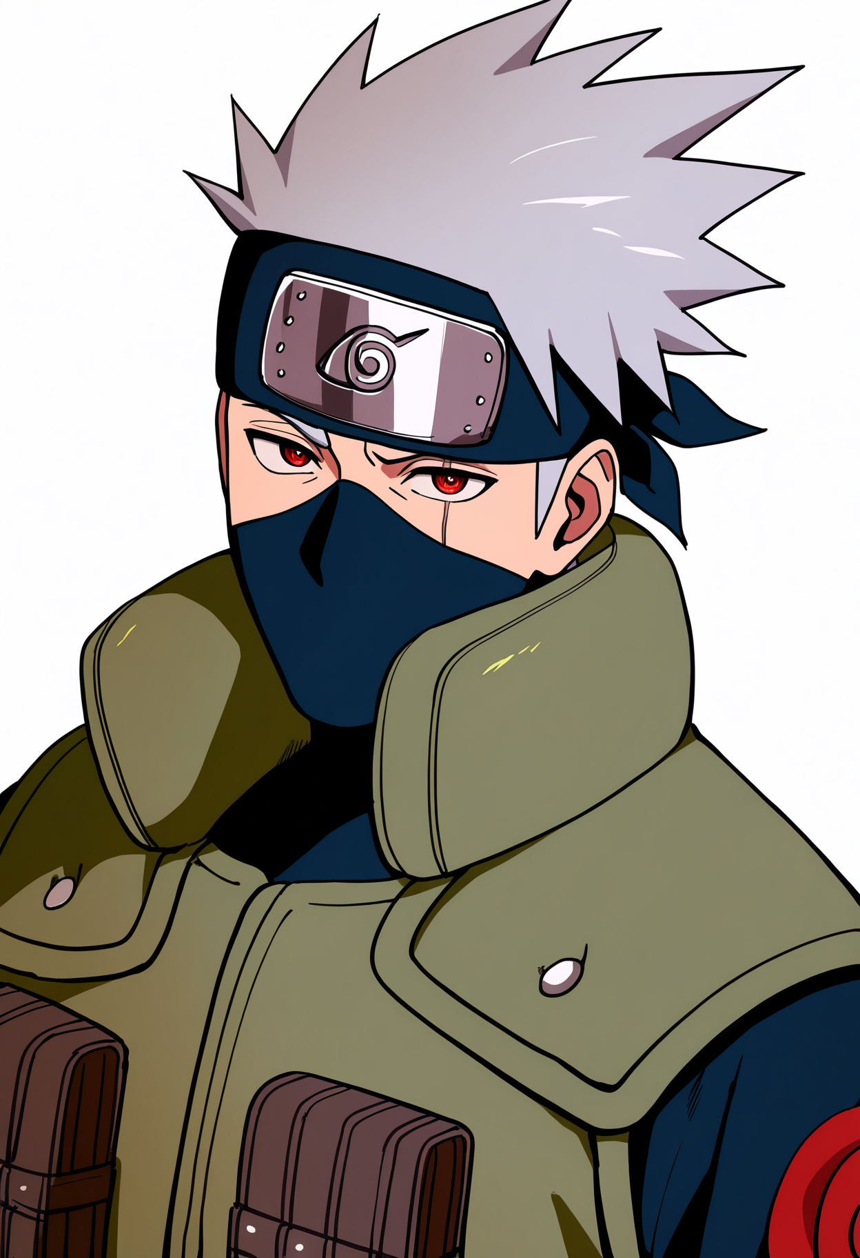 masterpiece, best quality, very aesthetic, absurdres,
1boy, kakashi, grey hair, red eyes, scar across eye, forehead protector, konohagakure symbol,
green vest, covered mouth,
upper body,
smile, solo, looking at viewer, simple background, white background,    <lora:KakashiNoobXL_byKonan:1>