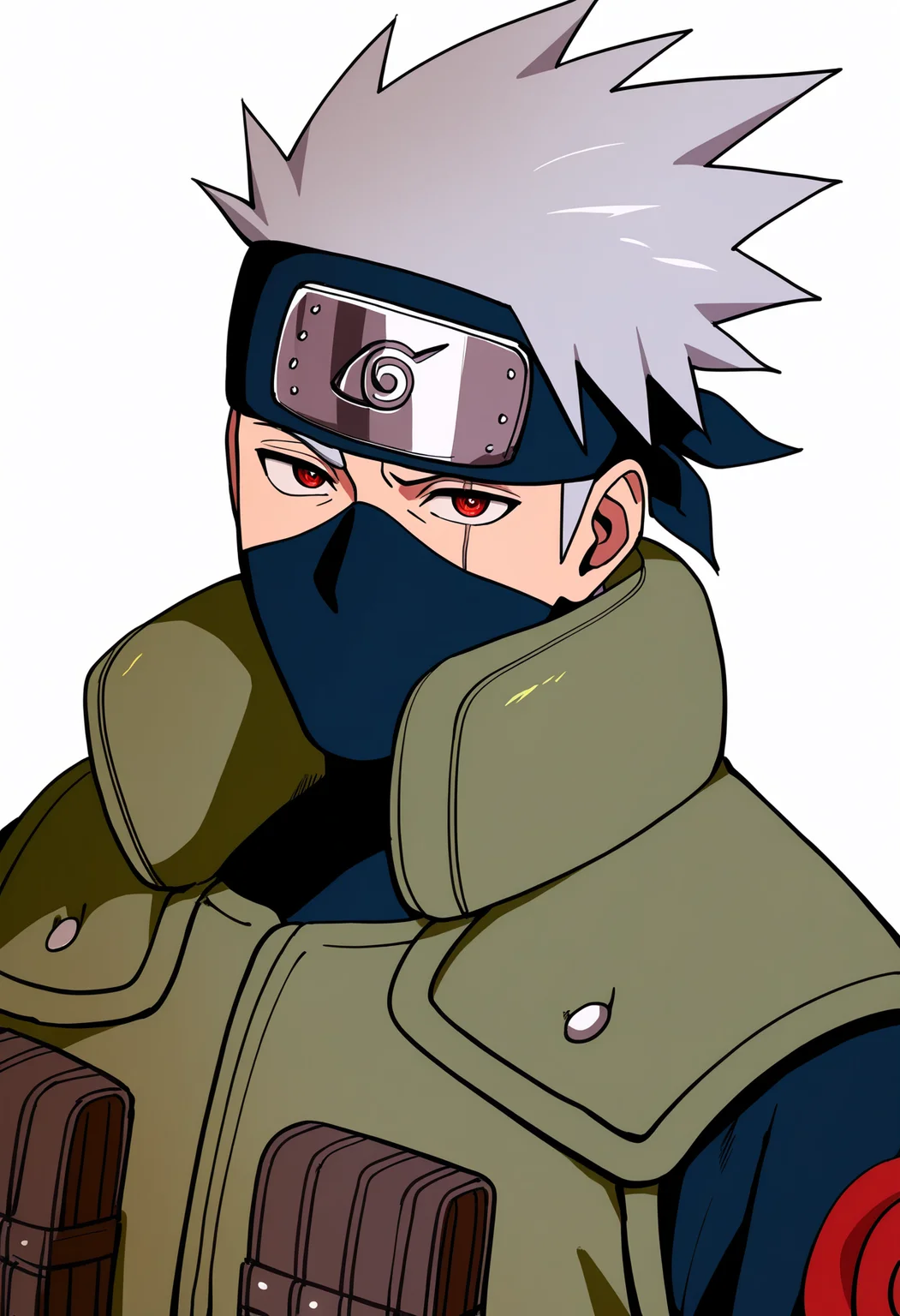masterpiece, best quality, very aesthetic, absurdres,
1boy, kakashi, grey hair, red eyes, scar across eye, forehead protector, konohagakure symbol,
green vest, covered mouth,
upper body,
smile, solo, looking at viewer, simple background, white background, <lora:KakashiNoobXL_byKonan:1>