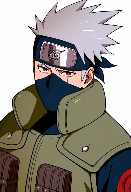 masterpiece, best quality, very aesthetic, absurdres,
1boy, kakashi, grey hair, red eyes, scar across eye, forehead protector, konohagakure symbol,
green vest, covered mouth,
upper body,
smile, solo, looking at viewer, simple background, white background, <lora:KakashiNoobXL_byKonan:1>