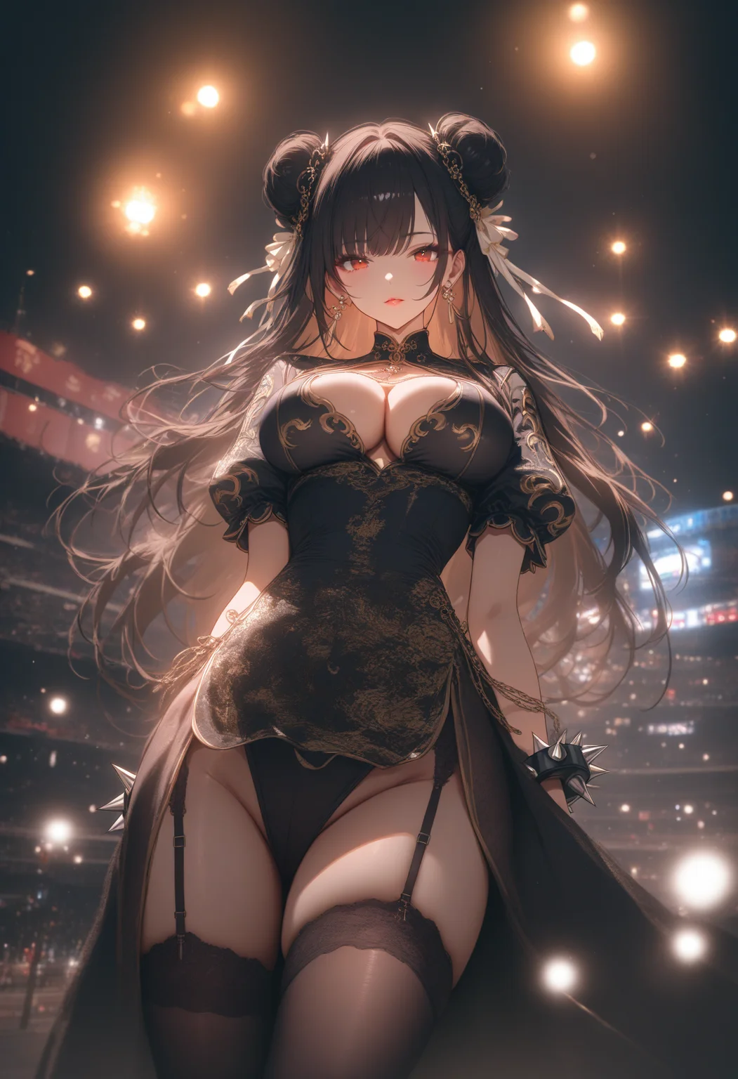 1girl,  1girl,alternate costume,blurry,blurry background,blurry foreground,bokeh,breasts,building,chain,chinese clothes,chun-li,city,city lights,cleavage,depth of field,double bun,earrings,garter straps,jewelry,lace,lace-trimmed legwear,lace trim,large breasts,leotard,lights,lips,looking at viewer,makeup,motion blur,photo background,puffy short sleeves,puffy sleeves,short sleeves,solo,spiked bracelet,spikes,stadium,thighhighs,sakimi chan,a statue,rococo,. ,masterpiece,high score,great score,absurdres,, <lora:Waifu Style-Du Qiong:0.25>,Du Qiong,, <lora:Dark Concept Art-000005:0.0>,dark aura,dark,