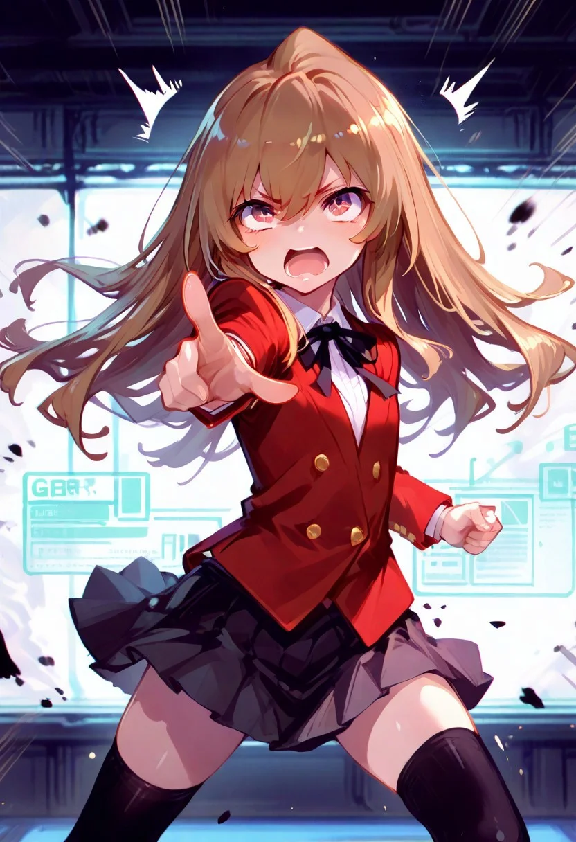 (masterpiece, best quality, amazing quality, very aesthetic, absurdres,:1.2) newest, holographic colors, cute, gradient colors, volumetric lighting, uncensored, ink painting background, 748cmstyle
BREAK
ambient occlusion, intricate cinematic background,
BREAK
cyberpunk, masterpiece, highly detailed,1girl, solo, perfect body,
BREAK
flirting:2.0,
(beautiful face), aisaka taiga, 1girl, solo,brown hair,long hair,flat chest, oohashi high school uniform, red jacket, black thighhighs ,pleated skirt
BREAK
anime epic cinematic shot of dynamic, pointing and shouting, shouting lines, emphasized, dramatic lighting, Technicolor, in motion, main subject of high budget drama movie, raw photo, motion blur, best quality, high resolution, usnr, gbf_style