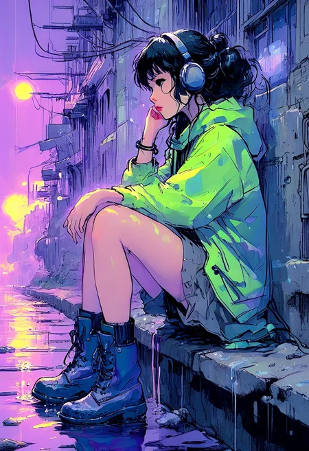 An (ethereal) and intricate ink-sketch of a black haired, gorgeous japanese girl. She is sitting on a small concrete wall in a wet and futuristic city, wearing headphones, a lime green raincoat, a short black skirt and rubber boots that are reflected in a puddle at her feet. In the background, a thunderstorm passes and a beautiful rainbow shines in the sky. Her face radiates a dreamy and serene mood. Facing all the sadness of the world. 
A grandiose masterpiece, playful, detailed but still calm and quiet. Perfectly composed. Special Ink-drawing mode, (cyberpunk:1.35). RAL Colors. (Extremely dramatic purple lighting:2.1), Joyful play of light and shadows. sharp contrasts.