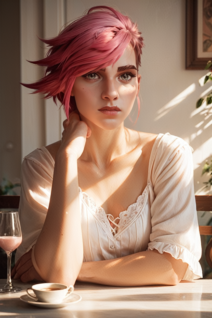 score_9, score_8_up, score_7_up, score_6_up
<lora:ALVi:1.0>
ALVi, 1girl, pink hair, short hair, looking at viewer, cafe terrace, morning, peaceful and serene with soft morning sunlight
