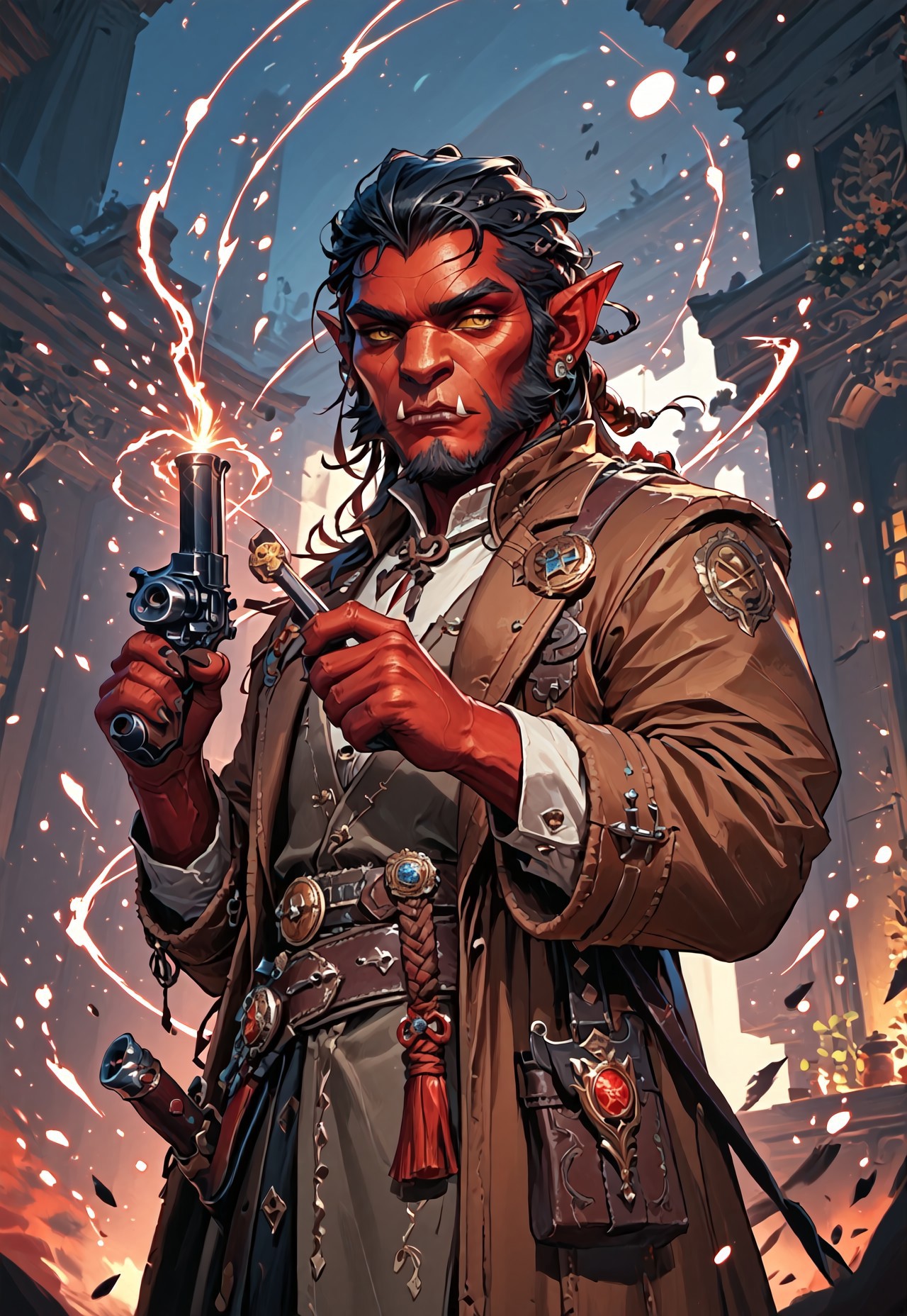 ((zPDXL3)), ((masterpiece,best quality, highly detailed)), ((score_9)), score_8_up, score_7_up, score_6_up, score_5_up, score_4_up, Digital painting style, brushstrokes, ((EnhanceImage)), solo, 1boy, Hobgoblin, red skin, fangs, big nose, mutton chops, black hair, duster coat, brown coat, cowboy hat, holding revolver, revolver, 1 revolver, gunslinger, swm29,
Expressiveh, 30yo, 
chinese magical sorceress, animated, swirling magic, wisps of magic, magical accessories, evoking motion, conveying motion, dynamic splash art, ((handfixer)), four fingers, one thumb, 
<lora:PainterlyFantasiaPDXL:0.6>,