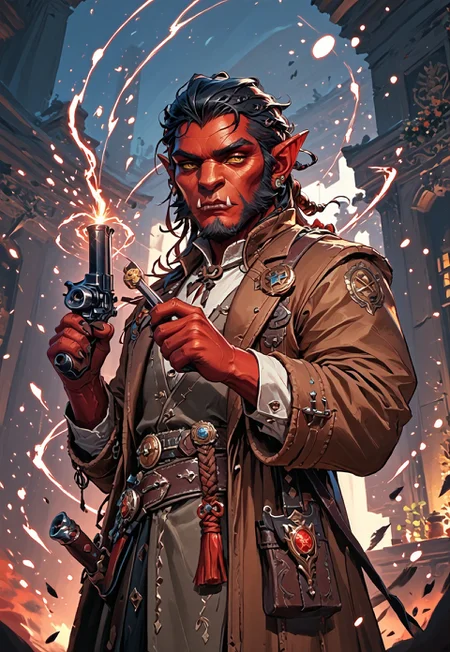 ((zPDXL3)), ((masterpiece,best quality, highly detailed)), ((score_9)), score_8_up, score_7_up, score_6_up, score_5_up, score_4_up, Digital painting style, brushstrokes, ((EnhanceImage)), solo, 1boy, Hobgoblin, red skin, fangs, big nose, mutton chops, black hair, duster coat, brown coat, cowboy hat, holding revolver, revolver, 1 revolver, gunslinger, swm29,
Expressiveh, 30yo,
chinese magical sorceress, animated, swirling magic, wisps of magic, magical accessories, evoking motion, conveying motion, dynamic splash art, ((handfixer)), four fingers, one thumb,
<lora:PainterlyFantasiaPDXL:0.6>,