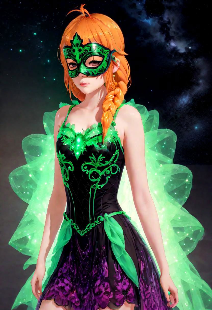 vaporware art,green and purple,girl, masquerade mask,bioluminescent dress,realistic lighting, orange hair, braid