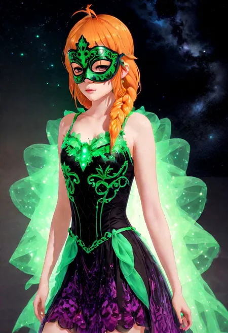 vaporware art,green and purple,girl, masquerade mask,bioluminescent dress,realistic lighting, orange hair, braid