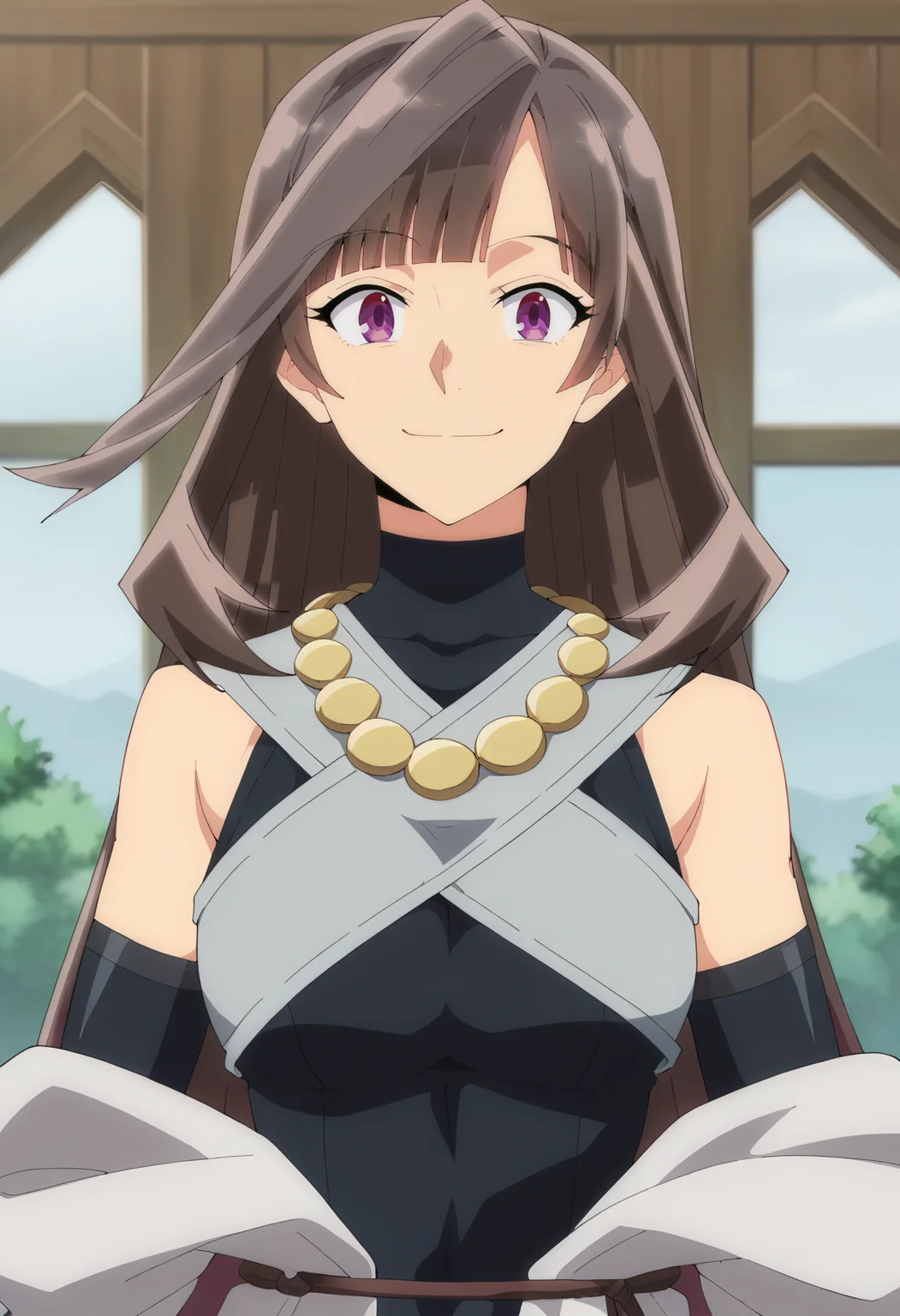 <lora:Mireille Grangeon-000012:0.9>Mireille Grangeon, 1girl, purple eyes, solo, long hair, brown hair, large breasts,blunt bangs, jewelry, necklace, elbow gloves, bare shoulders, sleeveless, detached sleeves,bodysuit, turtleneck, looking at viewer, upper body, facing viewer , smile, score_9, score_7_up,anime coloring ,source_anime, anime