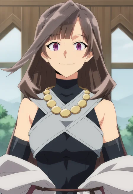 <lora:Mireille Grangeon-000012:0.9>Mireille Grangeon, 1girl, purple eyes, solo, long hair, brown hair, large breasts,blunt bangs, jewelry, necklace, elbow gloves, bare shoulders, sleeveless, detached sleeves,bodysuit, turtleneck, looking at viewer, upper body, facing viewer , smile, score_9, score_7_up,anime coloring ,source_anime, anime