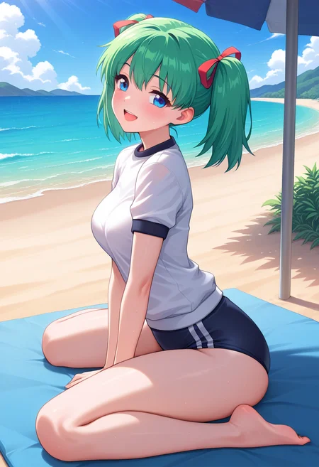 masterpiece, best quality, amazing quality, 1girl, kaoruww, blue eyes, green hair, short hair, twintails, red hair ribbon, medium breasts, gym uniform, short sleeves, dark blue buruma, <lora:Sakaki_Kaoru_Yoridori_ill:0.8>, from side, looking at viewer, smile, blush, open mouth, outdoors, beach, ocean, sand, beach umbrella, sitting, wariza, skindentation, detailed clothing folds, depth of field, sharp, high contrast, dynamic light