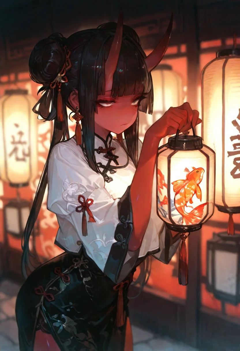 masterpiece, best quality, good quality, newest, highres, absurdres, volumetric lighting,gradient color,
BREAK 
raytracing, volumetric lighting, ambient occlusion, girl, luminescent background, masterpiece, best quality, very awa, absurdres, 
BREAK
Aka-Oni, oni, colored skin, (red skin:1.3), straight horns, solo, long hair, model style,
evil eyes, evil, bullying, sinister, 
BREAK
masterpiece,amazing quality,best quality,ultra-detailed,8K,illustration,CG,shiny hair,clear skin,ultra-detailed-eyes, background,cute girl, eyelashes
BREAK,
 hair bun, double bun, horns,blunt bangs, looking at object, looking at lantern, holding lantern,bend over, shirt, skirt, long sleeves, ribbon, jewelry, white shirt, short sleeves, earrings, black skirt, puffy short sleeves, chinese clothes, tassel, lantern, tassel earrings, paper lantern, goldfish, tassel hair ornament, koi, flying fishï¼, Blurred foreground,depth of field, cowboy shot,
