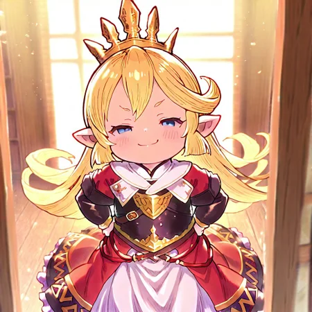 1girl, solo, best quality, masterpiece, lalafell, pointy ears, flat chest, shortstack. granblue fantasy, charlotta, harvin, blonde, long hair, blue eyes, long dress, tall crown, mesugaki, blush, smug, <lora:NTR_MIX_4.0_LORA:0.5>