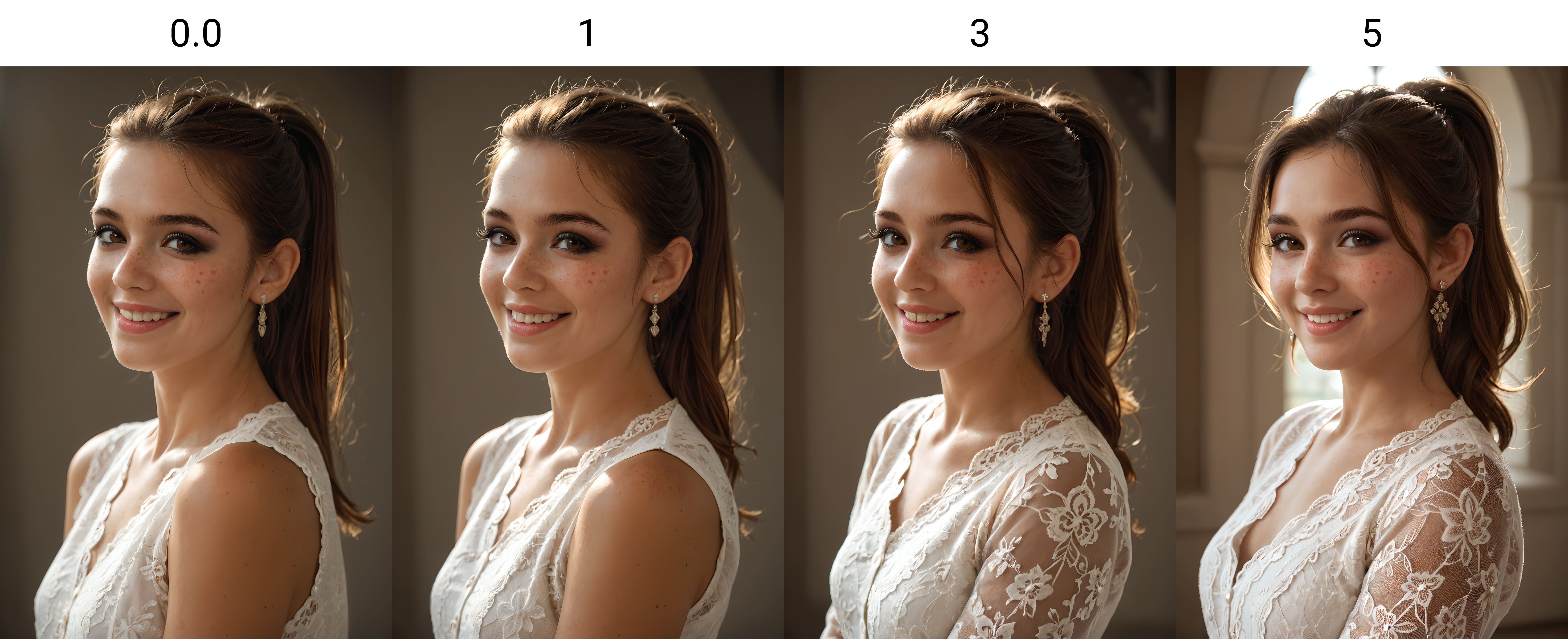 Score_9,score_8_up,score_7_up, beautiful lady, (freckles), big smile, brown hazel eyes, Ponytail, dark makeup, hyperdetailed photography, soft light, head and shoulders portrait, white dress shirt, intricate details, lace trim, jewelry, earrings,     