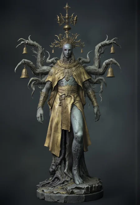DGC style, MikeFranchinastyle, ghiblistyle, hkevil, berserk style, Surreal art, d4artstyle, d4concept, , bbstyle,, horror theme,, zbrush, ZBClay model of a gray sculpture
Set against a solid dark color background to emphasize its unnatural form and grotesque eerie and unsettling anatomy that emphasizes its silhouette. The medium is not a traditional painting or illustrative medium like watercolor or ink but rather a digital 3D rendering.
A majestic, otherworldly humanoid creature with a segmented, elongated body that transitions into a mass of dark, undulating tentacles. The figure is adorned with flowing golden robes that cascade to the ground, adding a sense of regal mysticism. Its back sprouts multiple organic, limb-like appendages, each carrying intricate ceremonial artifacts such as bells and ritualistic ornaments. The creature wields an ornate staff topped with sacred symbols, complementing its textured, alien-like skin etched with vein-like patterns. Its sharp, faceless head evokes a sense of both reverence and dread. Focus on intricate shapes, harmonious yet eerie details, and a balance of organic and celestial design elements.