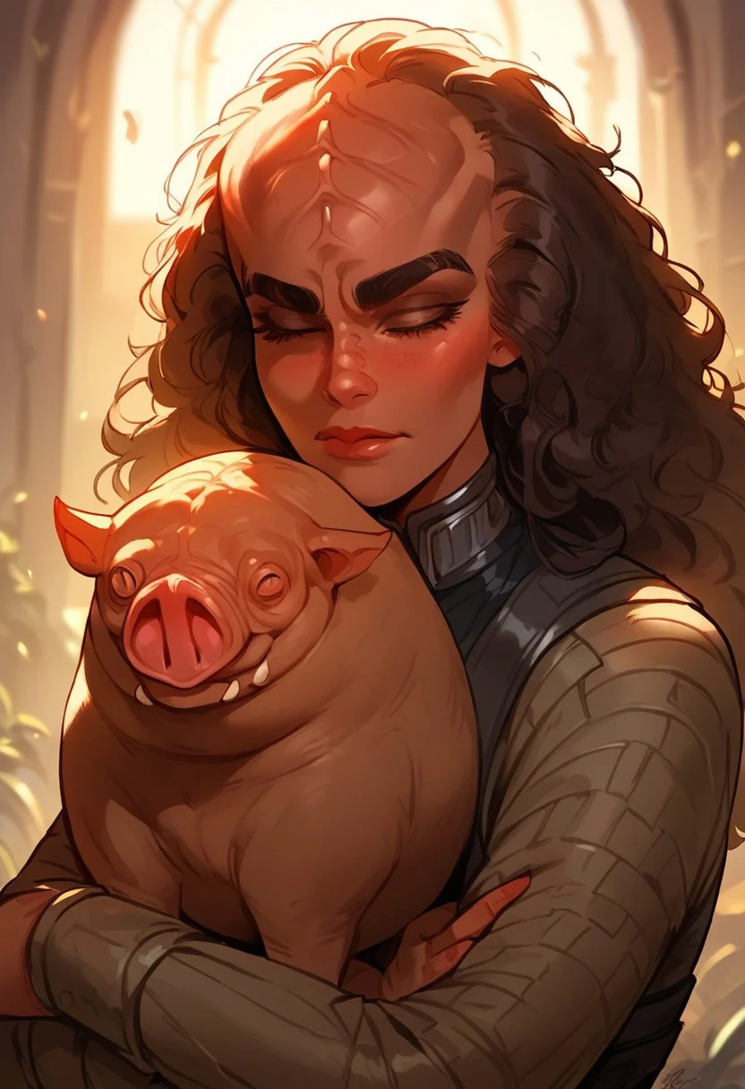 score_9, score_8_up, score_7_up, score_6_up, p3tl0v3, 1girl, kling0n alien female, dark brown skin, large forehead ridges, large eyebrows, hugging a warthog creature,