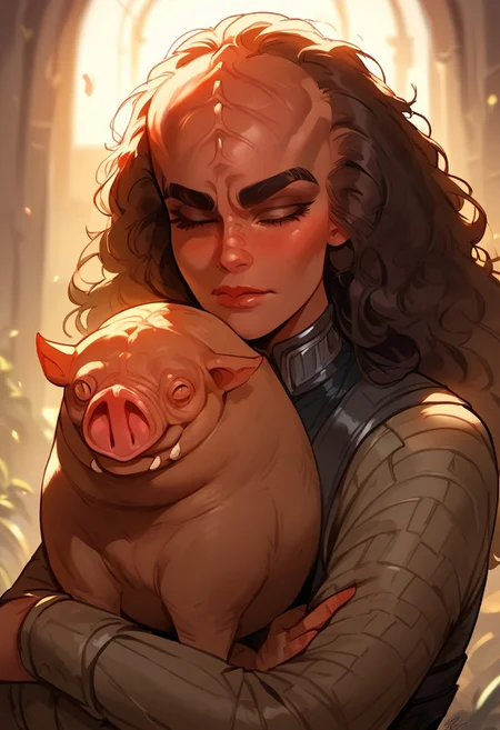 score_9, score_8_up, score_7_up, score_6_up, p3tl0v3, 1girl, kling0n alien female, dark brown skin, large forehead ridges, large eyebrows, hugging a warthog creature,