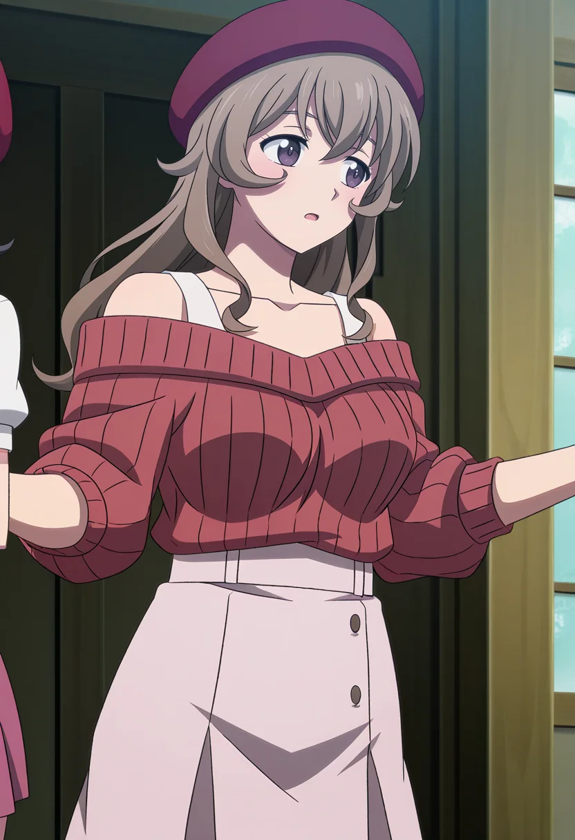 <lora:Nagisa Kaneshiro-000052:1>,
Nagisa Kaneshiro,hat,skirt,sweater,red headwear,beret,open mouth,collarbone,off shoulder,anime coloring,solo focus,breasts,cowboy_shot,pink skirt