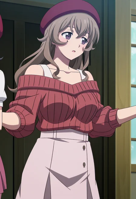 <lora:Nagisa Kaneshiro-000052:1>,
Nagisa Kaneshiro,hat,skirt,sweater,red headwear,beret,open mouth,collarbone,off shoulder,anime coloring,solo focus,breasts,cowboy_shot,pink skirt