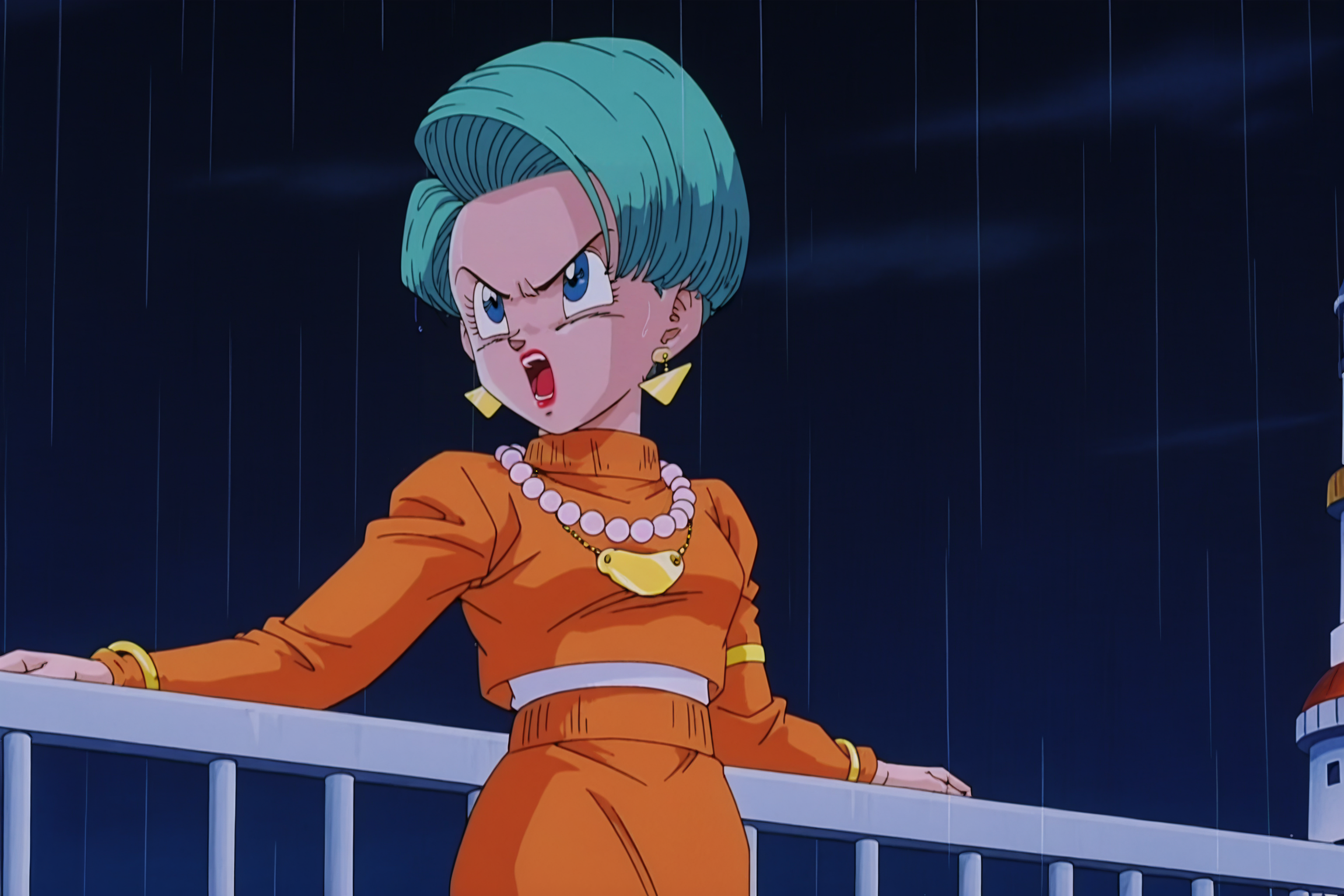 anime screencap, absurdres, high quality, official style,
bulma, gt, gt casual outfit, 1990s \(style\), anime coloring, retro artstyle, mature female, 1girl, solo, short hair, quiff, open mouth, long sleeves, long skirt, earrings, aqua hair, necklace, upper body, rain, pearl necklace, tower, balcony, armband, hand on railing, looking at another, midriff, orange sweater, red lips, lipstick, turtleneck sweater, v-shaped eyebrows, v-shaped eyes, white shirt, bracelet night sky, night, 
<lora:Bulma_IL:0.8>