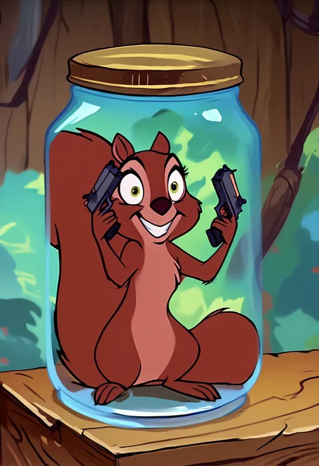 score_9, score_8_up, score_7_up, score_6_up, score_5_up, score_4_up , screencap, hazel_\(sits\), tree squirrel, 1girl, tail, feral,handgun, holding gun, holding weapon, dual wielding, finger on trigger, smile, grin, crazy eyes, in a jar, on table, indoors