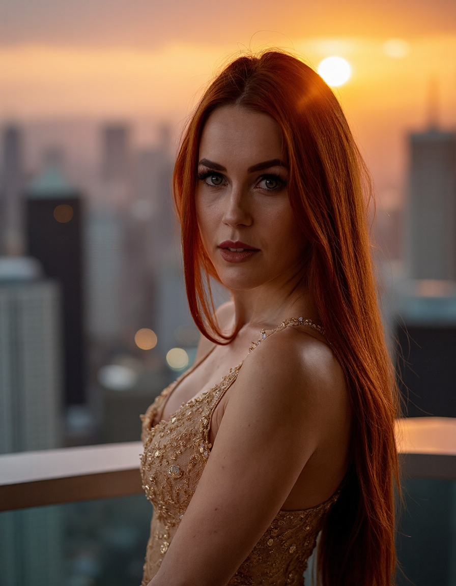 Subject: A woman standing on a luxurious, penthouse balcony overlooking a breathtaking cityscape at sunset.
Lighting: Warm, golden light from the setting sun casting a dramatic ambiance.
Camera Angle: Low angle shot, looking up at the woman's face as she gazes out at the viewer.
Composition Style: Leading lines of the city skyline converge to her eyes.
Clothing: Turtleneck, long-sleeved evening gown in metallic gold with beaded embroidery.