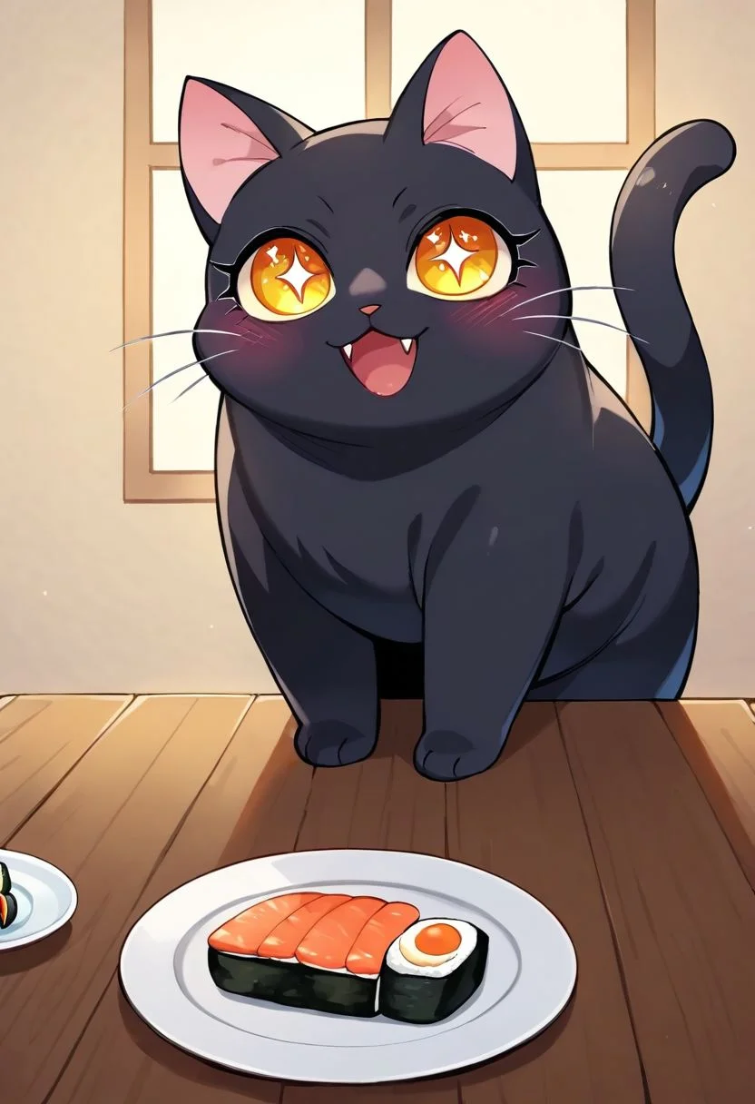 score_9, score_8_up, score_7_up, (source_anime, rating_safe, three quarter view, no humans, Animal focus), (fat cat, wide smile, open mouth, fangs, sparkly eyes, blushing), (Black cat,solo, black fur, fat cat, yellow eyes, tail, ribbon), (kitchen, table, sushi on plate) BREAK (on table)