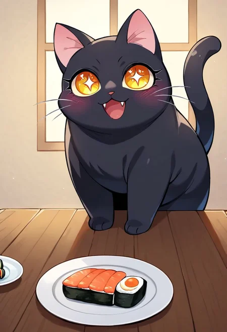 score_9, score_8_up, score_7_up, (source_anime, rating_safe, three quarter view, no humans, Animal focus), (fat cat, wide smile, open mouth, fangs, sparkly eyes, blushing), (Black cat,solo, black fur, fat cat, yellow eyes, tail, ribbon), (kitchen, table, sushi on plate) BREAK (on table)