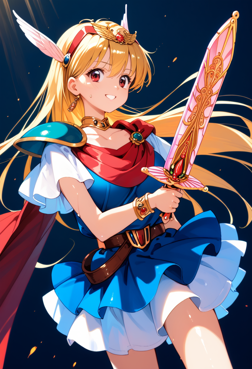 score_9, score_8_up, score_7_up, score_6_up, anime_lineart
1girl, solo,
<lora:chacha magical princess:1>, chacha magical princess, blonde hair, jewelry, dress, bracelet, cape, brown eyes, red eyes, tiara, skirt, choker, shoulder armor, hairband, armor, belt, pauldrons, sword
huge breasts, smile,
sweat,  shiny skin,